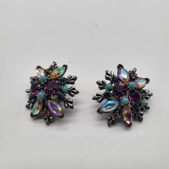 VTG Cluster AB and Pink/Purple Rhinestones Clip On Earrings Blue Accent Beads - Picture 1 of 9